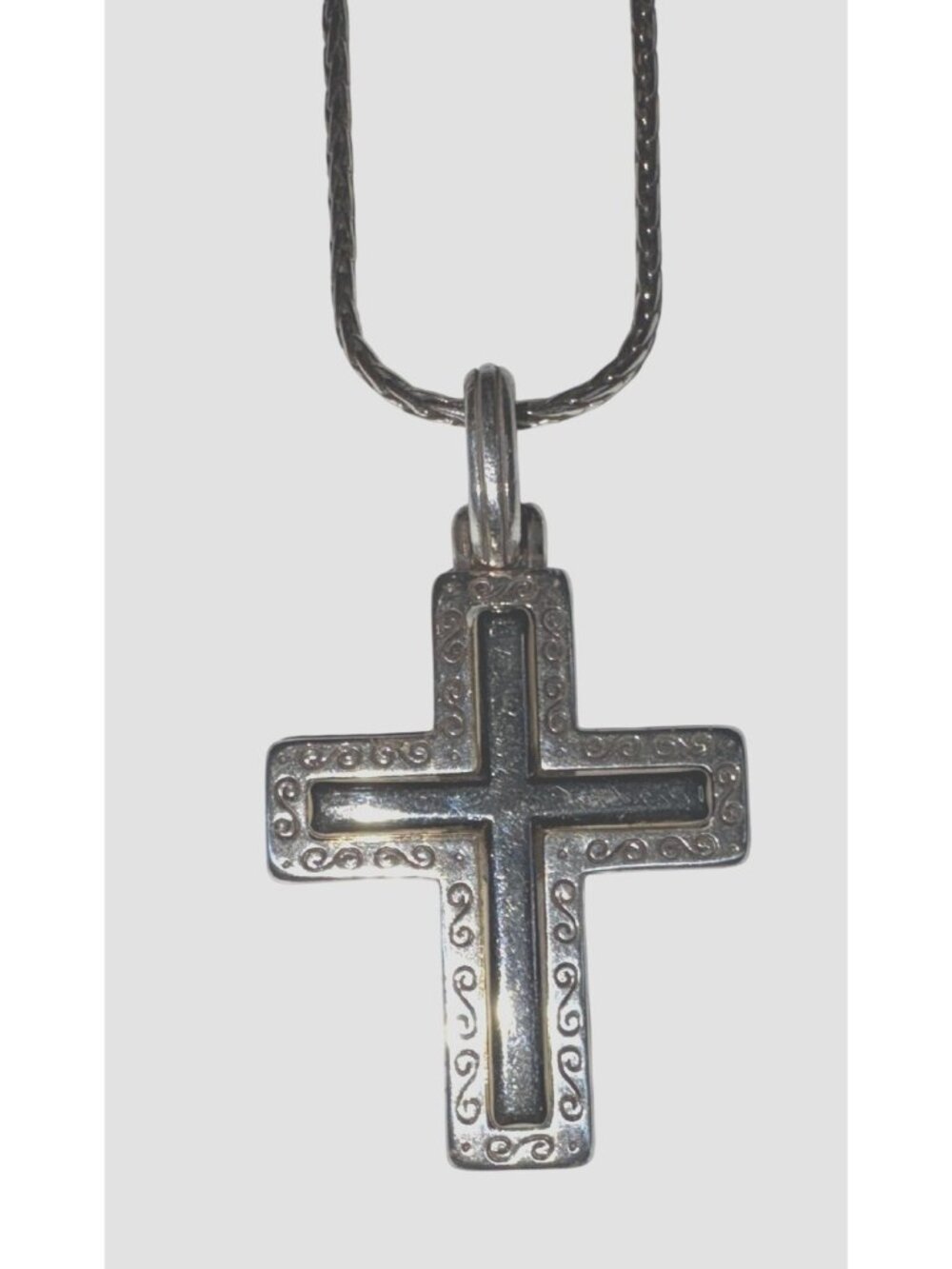 Silver Cross Pendant Necklace with Red/Orange Inlay & Heart Charm 18” Chain